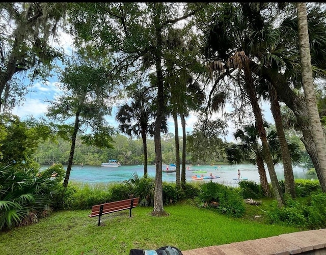 view of home's community with a water view and a lawn