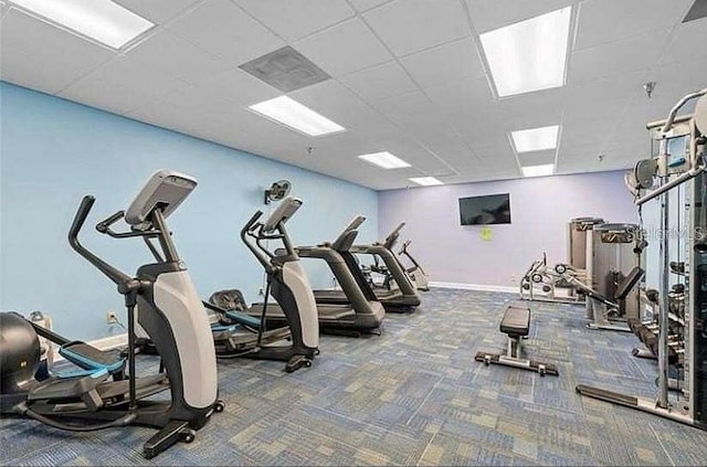 gym with a paneled ceiling and carpet