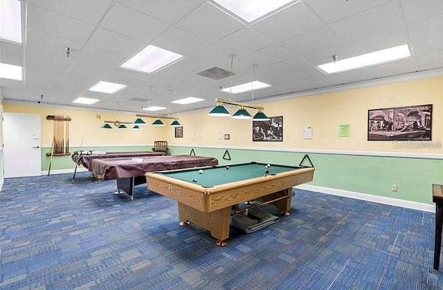 rec room with dark carpet, billiards, and a paneled ceiling