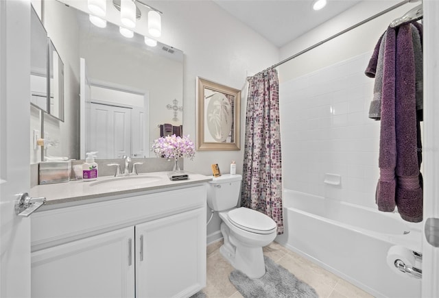 full bathroom featuring tile patterned floors, vanity, shower / bathtub combination with curtain, and toilet