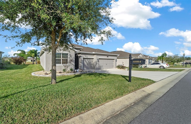 single story home with a garage and a front yard