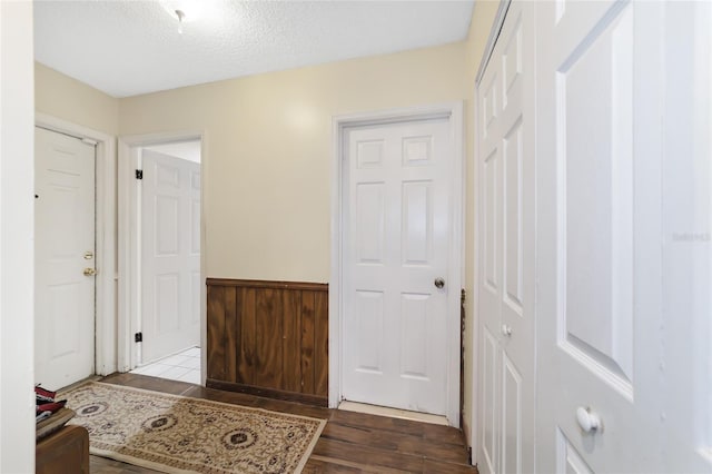 corridor featuring a textured ceiling, hardwood / wood-style flooring, and wood walls