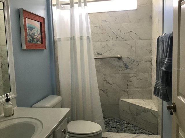 bathroom featuring a shower with curtain, vanity, and toilet