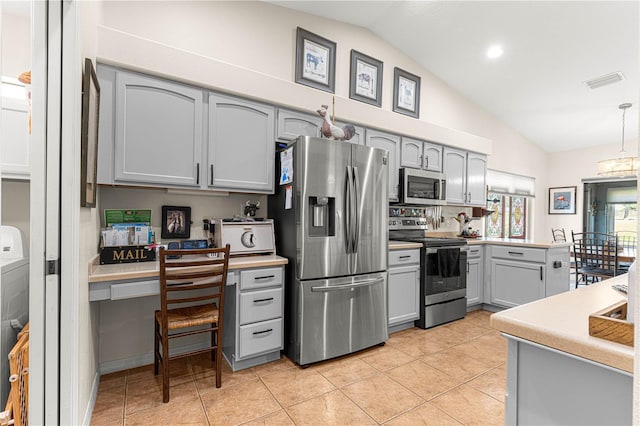 kitchen featuring gray cabinets, stainless steel appliances, and light countertops