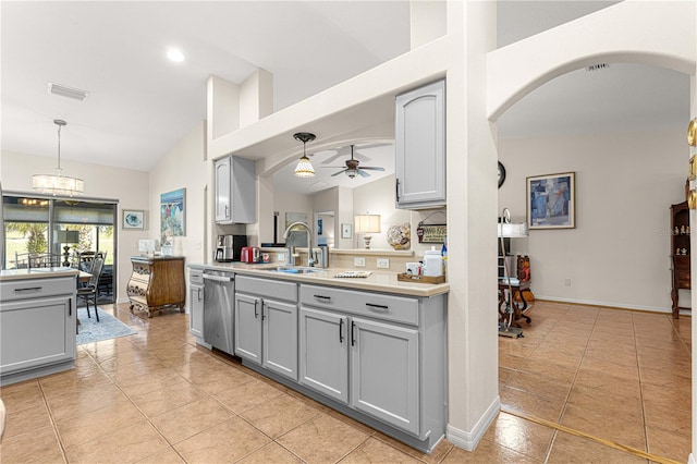 kitchen with visible vents, gray cabinets, ceiling fan with notable chandelier, stainless steel dishwasher, and a sink