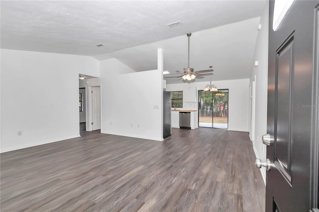 unfurnished living room featuring ceiling fan, lofted ceiling, and dark wood-type flooring