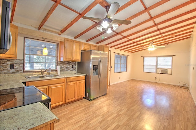 kitchen featuring stainless steel refrigerator with ice dispenser, light wood-type flooring, backsplash, sink, and vaulted ceiling with beams