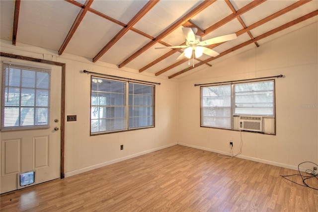 foyer with light wood-type flooring, lofted ceiling with beams, ceiling fan, and cooling unit