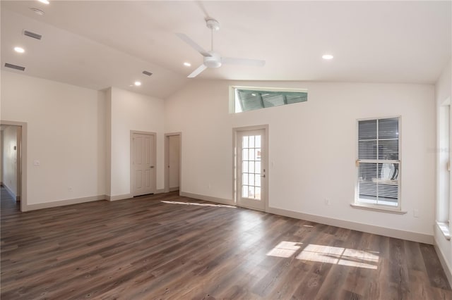 unfurnished room with dark hardwood / wood-style floors, ceiling fan, and high vaulted ceiling