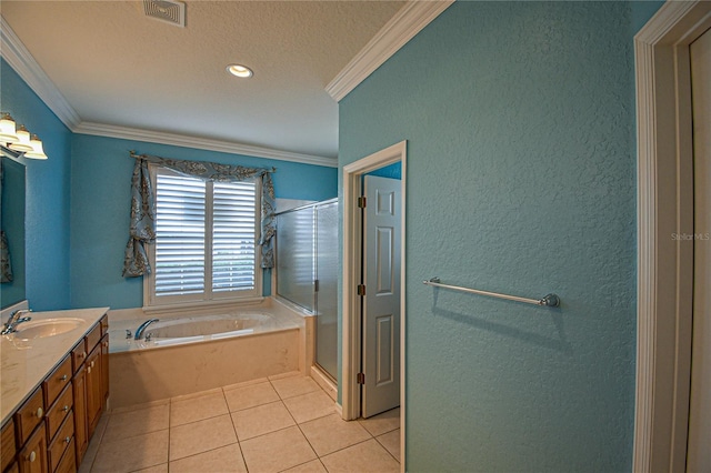 bathroom with tile patterned flooring, vanity, separate shower and tub, and ornamental molding