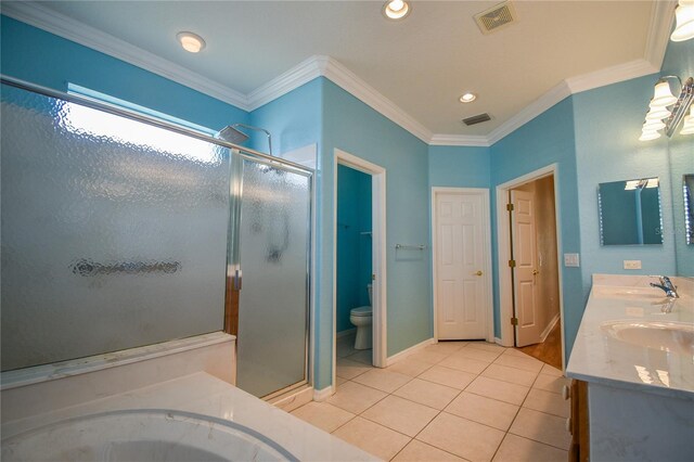 full bathroom featuring vanity, separate shower and tub, tile patterned floors, and ornamental molding