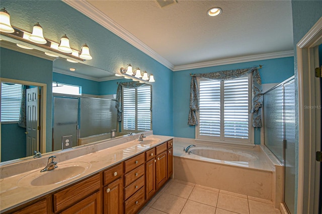 bathroom with tile patterned flooring, vanity, independent shower and bath, and ornamental molding