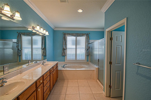 bathroom featuring tile patterned flooring, ornamental molding, and plus walk in shower