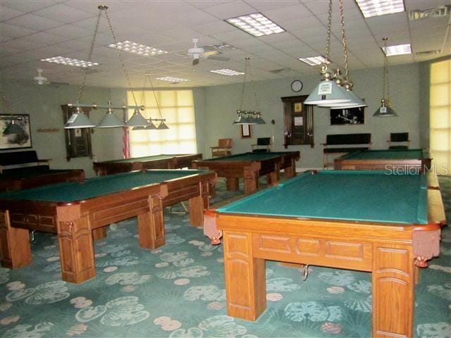 recreation room with a drop ceiling and billiards