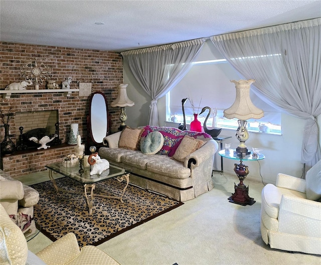 living room featuring carpet flooring, a fireplace, and a textured ceiling