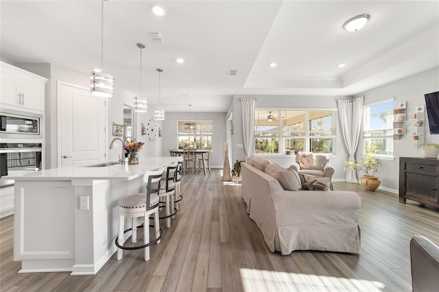 living room with hardwood / wood-style floors, ornamental molding, sink, and a tray ceiling