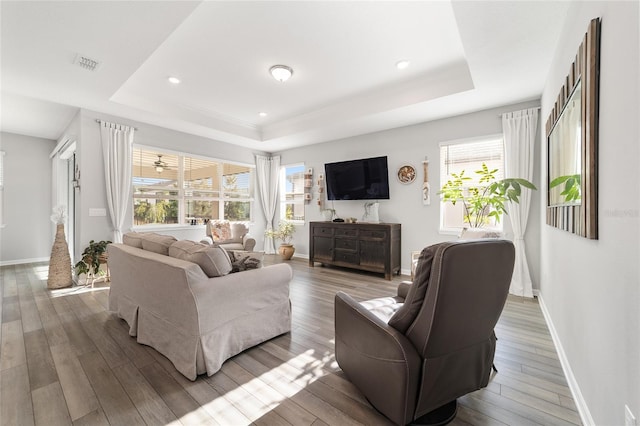 living room with wood-type flooring and a tray ceiling