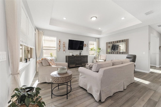 living room with hardwood / wood-style floors and a raised ceiling