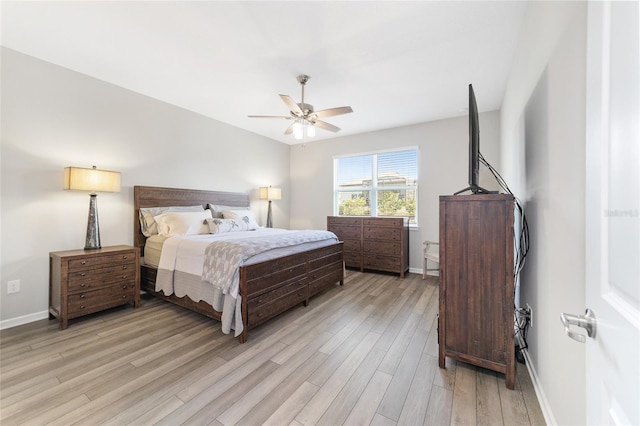 bedroom featuring ceiling fan and light wood-type flooring