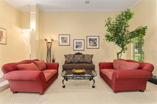 living room with carpet flooring and crown molding