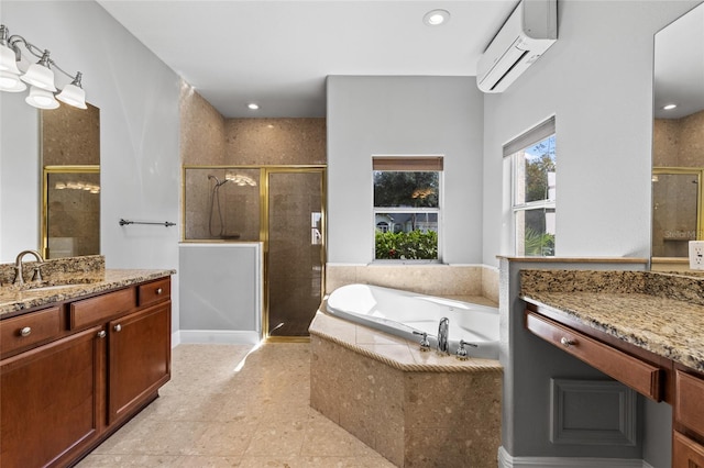 bathroom featuring vanity, plus walk in shower, and a wall mounted AC