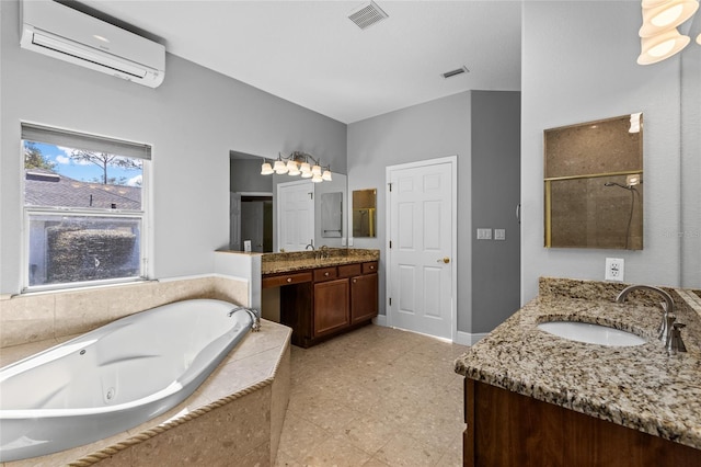 bathroom featuring a wall mounted air conditioner, vanity, and plus walk in shower