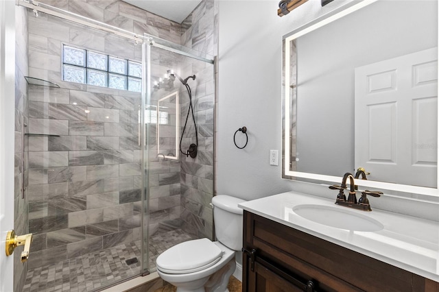 bathroom with vanity, a shower with shower door, and toilet