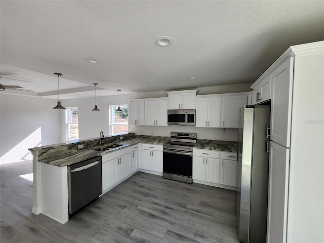 kitchen featuring hanging light fixtures, sink, white cabinets, and appliances with stainless steel finishes