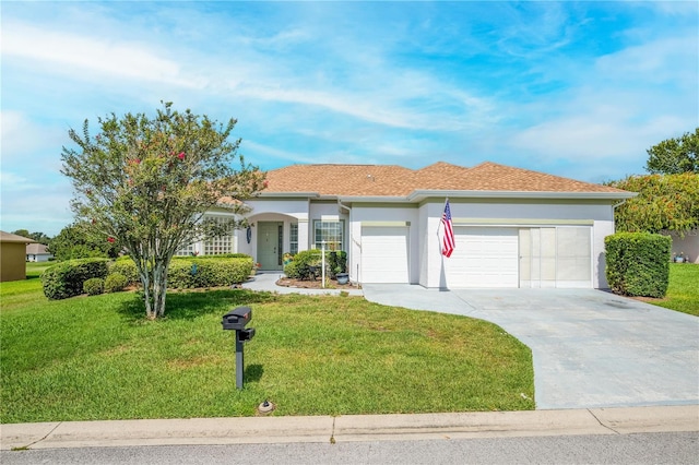 single story home with a front yard and a garage