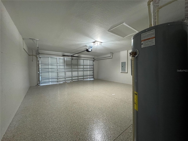 garage featuring water heater and a garage door opener