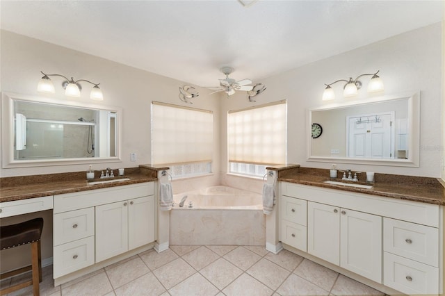 bathroom with vanity, tile patterned floors, ceiling fan, and independent shower and bath