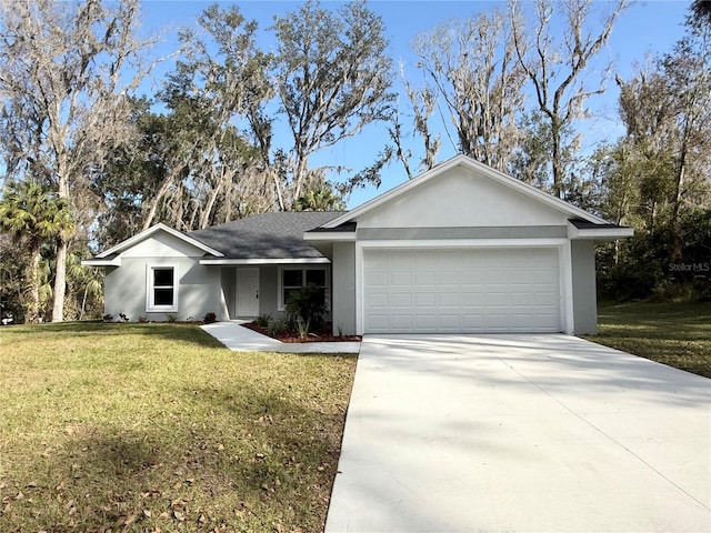 ranch-style house with a garage and a front lawn