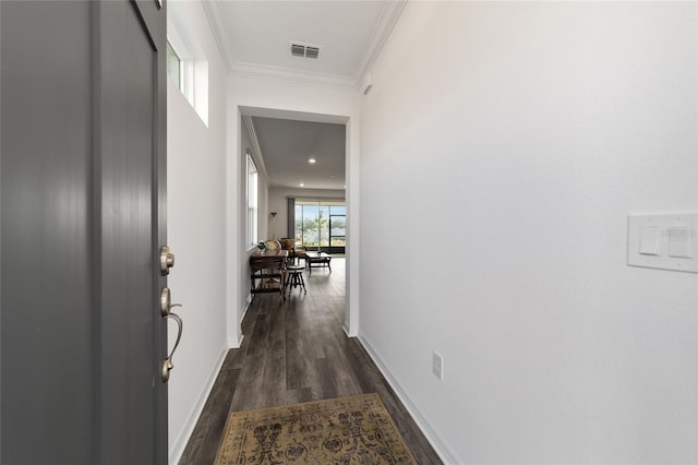 corridor with dark hardwood / wood-style floors and ornamental molding