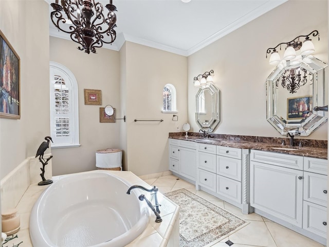 bathroom featuring vanity, tiled bath, tile patterned floors, and crown molding