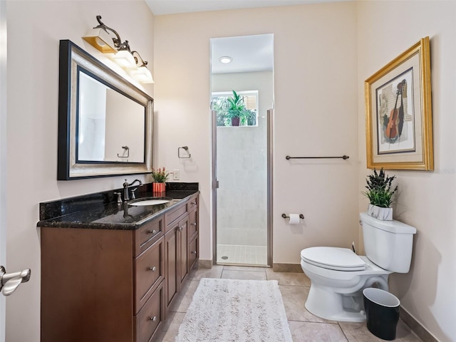 bathroom with tile patterned floors, vanity, toilet, and an enclosed shower