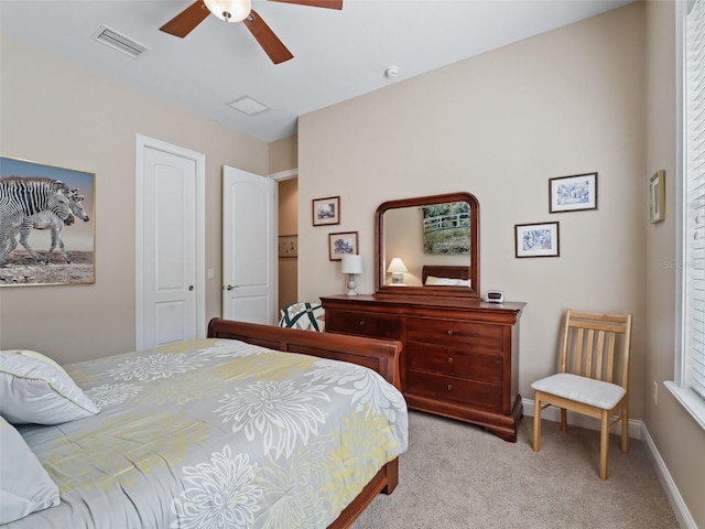 carpeted bedroom featuring ceiling fan