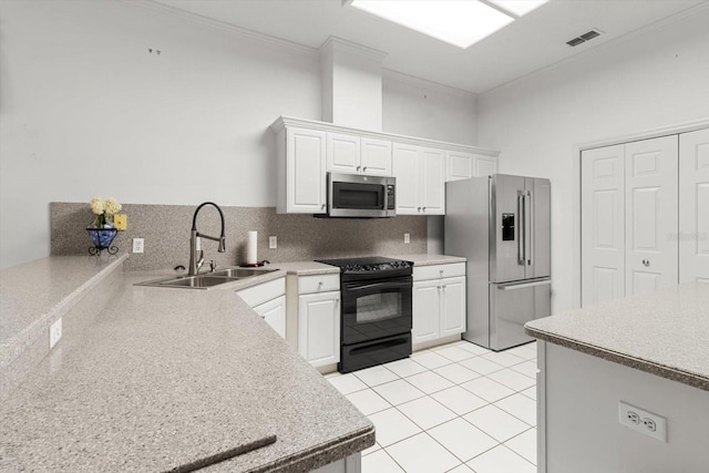 kitchen with tasteful backsplash, ornamental molding, stainless steel appliances, sink, and white cabinets