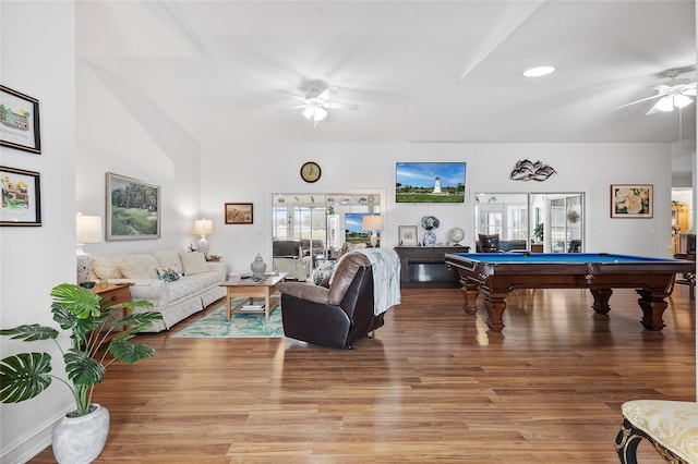 playroom featuring ceiling fan, light hardwood / wood-style flooring, a wealth of natural light, and billiards