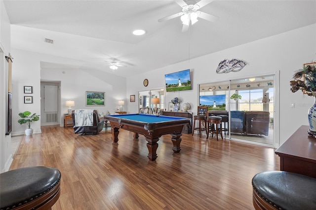 recreation room featuring hardwood / wood-style floors, vaulted ceiling, ceiling fan, and billiards