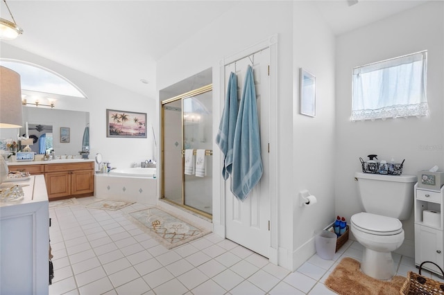 full bathroom with plus walk in shower, tile patterned flooring, vanity, and plenty of natural light