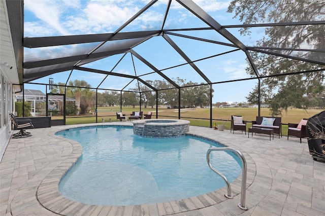 view of pool featuring glass enclosure, a patio area, and a yard