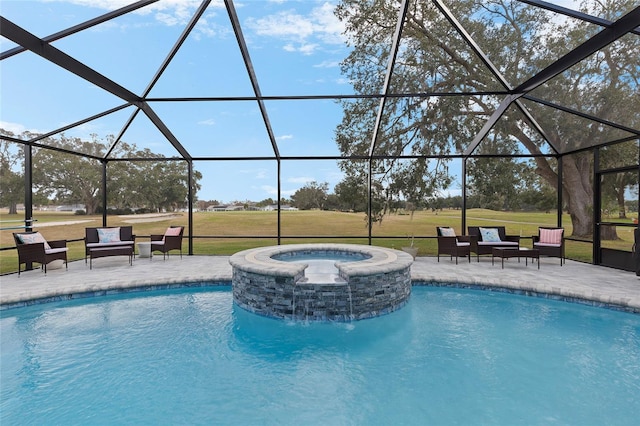 view of swimming pool with a lawn, a lanai, and a patio