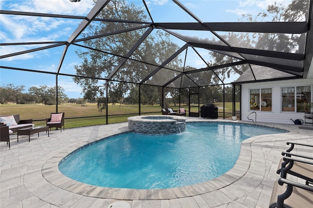 view of pool featuring a lanai, a patio area, and a lawn