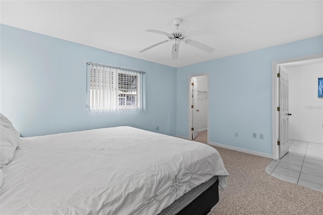 carpeted bedroom featuring ceiling fan and a walk in closet