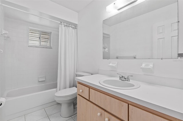 full bathroom featuring tile patterned flooring, vanity, shower / bath combination with curtain, and toilet