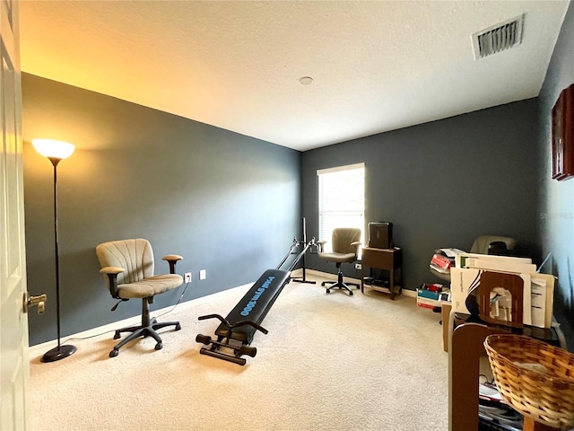 home office with carpet flooring and a textured ceiling