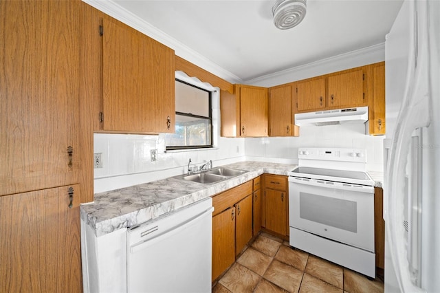 kitchen featuring light tile patterned flooring, white appliances, sink, and ornamental molding