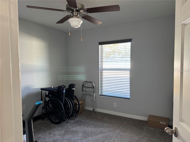 misc room featuring carpet flooring and ceiling fan