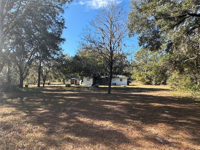 view of yard featuring an outbuilding and a storage shed