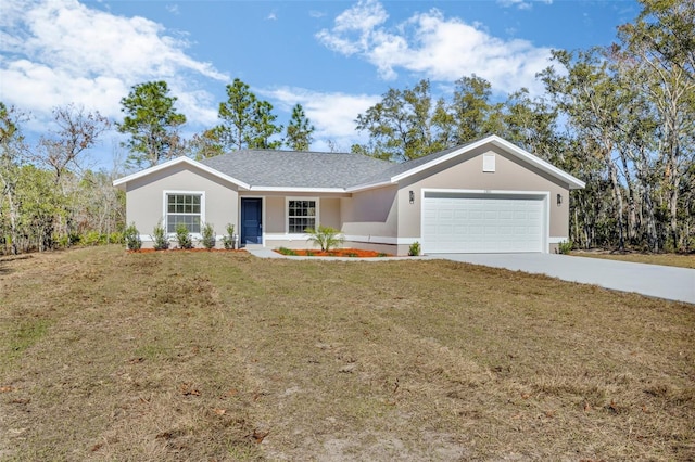 ranch-style home featuring a front lawn and a garage